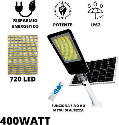 Lampione solare LED esterno 400W con telecomando e sensore IP66