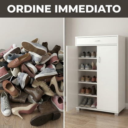 Scarpiera salvaspazio moderna 95 cm con cassetto e ante bianca cemento o rovere