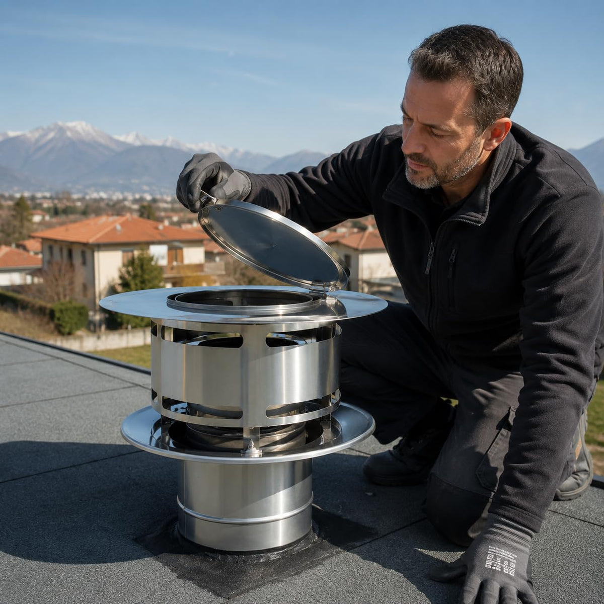 Maka Comignolo Anti Intemperie con Ispezione, Terminale per Canna Fumaria Camino Stufa a Legna Pellet e Gas, Cappello Antivento con Apertura Ispezione