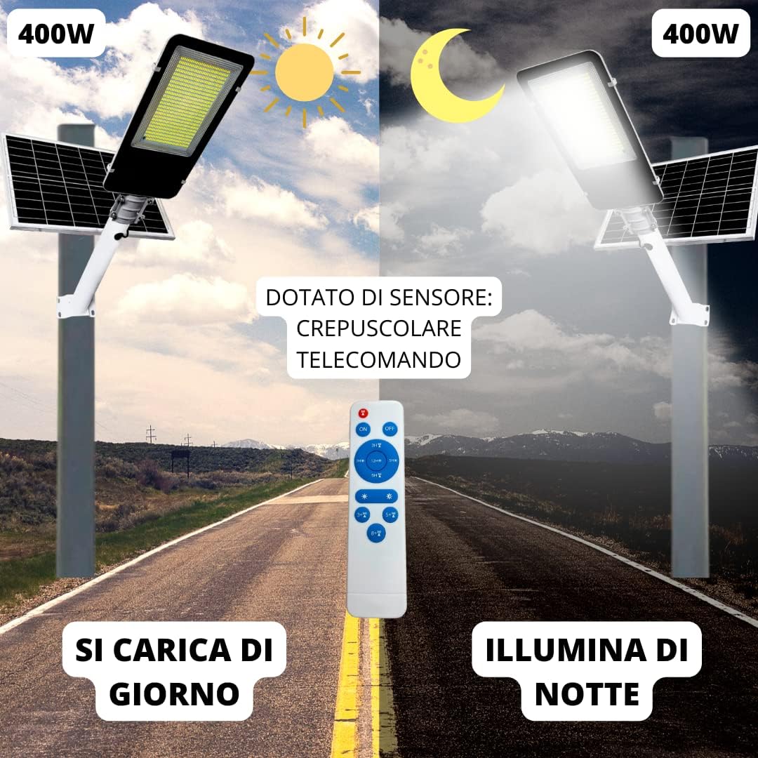 Lampione solare LED esterno 400W con telecomando e sensore IP66