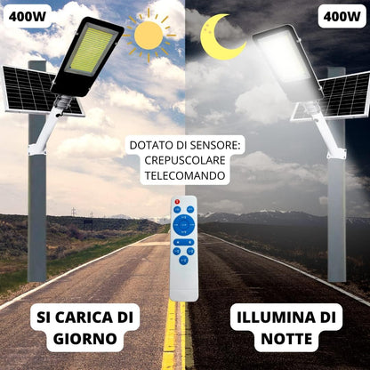 Lampione solare LED esterno 400W con telecomando e sensore IP66