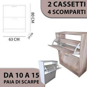 Scarpiera in MDF Melaminico 2 o 3 Ripiani, Ante a Ribalta, Rovere o Bianco