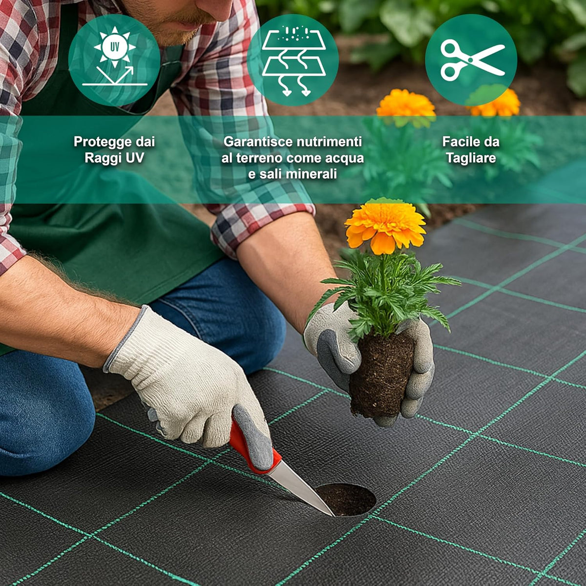 Telo pacciamatura 1x10 m anti-erbacce in polietilene 100 g/m²
Tessuto resistente anti-UV traspirante per orto e giardino
Copertura impermeabile contro infestanti facile da installare