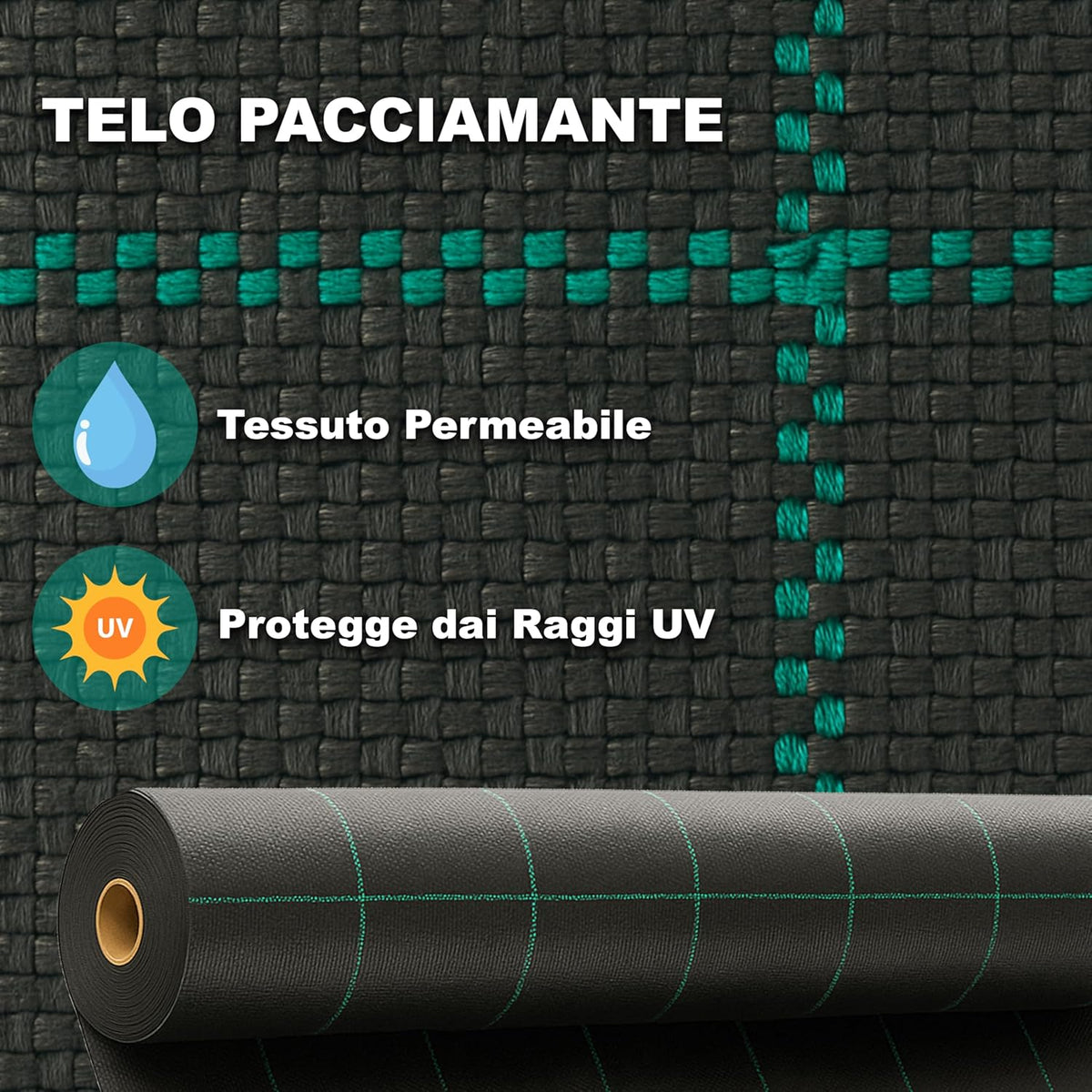 Telo pacciamatura 1x10 m anti-erbacce in polietilene 100 g/m²
Tessuto resistente anti-UV traspirante per orto e giardino
Copertura impermeabile contro infestanti facile da installare