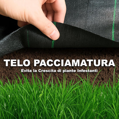 Telo pacciamatura 1x10 m anti-erbacce in polietilene 100 g/m²
Tessuto resistente anti-UV traspirante per orto e giardino
Copertura impermeabile contro infestanti facile da installare