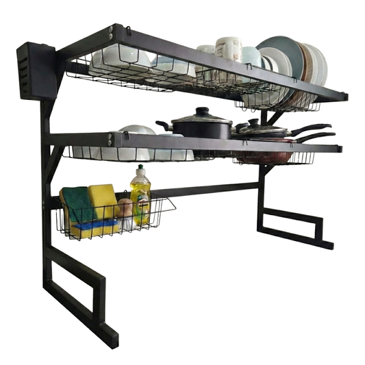 Scaffale nero a tre ripiani con scolapiatti integrato, cestini e supporto per stoviglie.