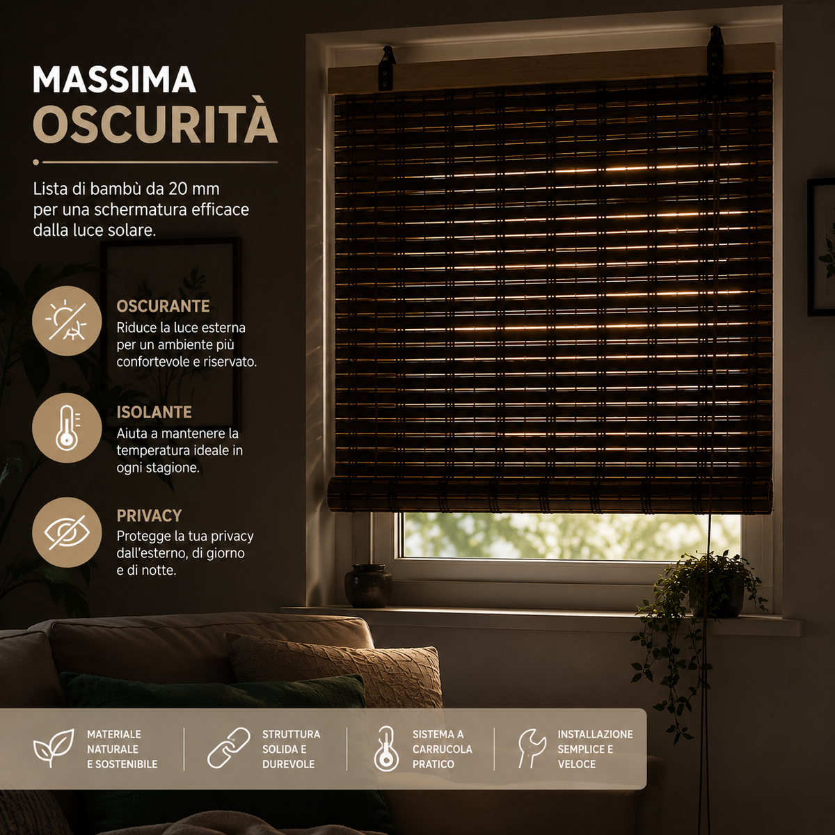 MAKA Tapparella in Bambù Avvolgibile con Carrucola Oscurante per Finestre e Balconi