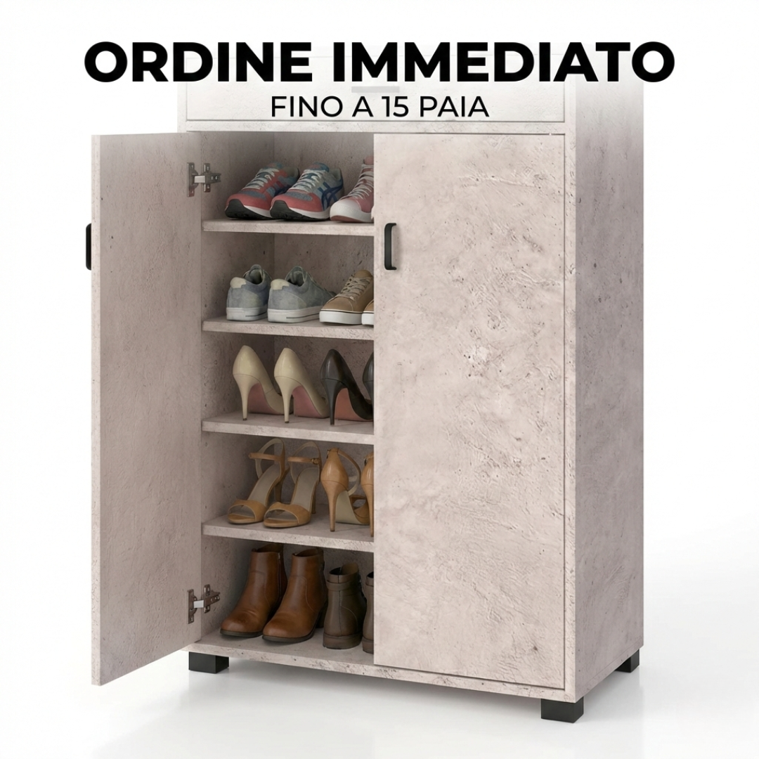Scarpiera salvaspazio moderna 95 cm con cassetto e ante bianca cemento o rovere