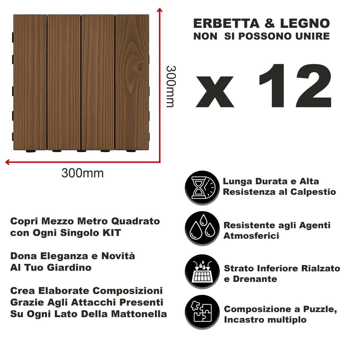 Piastrelle legno esterno MAKA 30x30 cm antiscivolo drenanti resistenti

Kit pavimento balcone veranda giardino incastro facile legno naturale