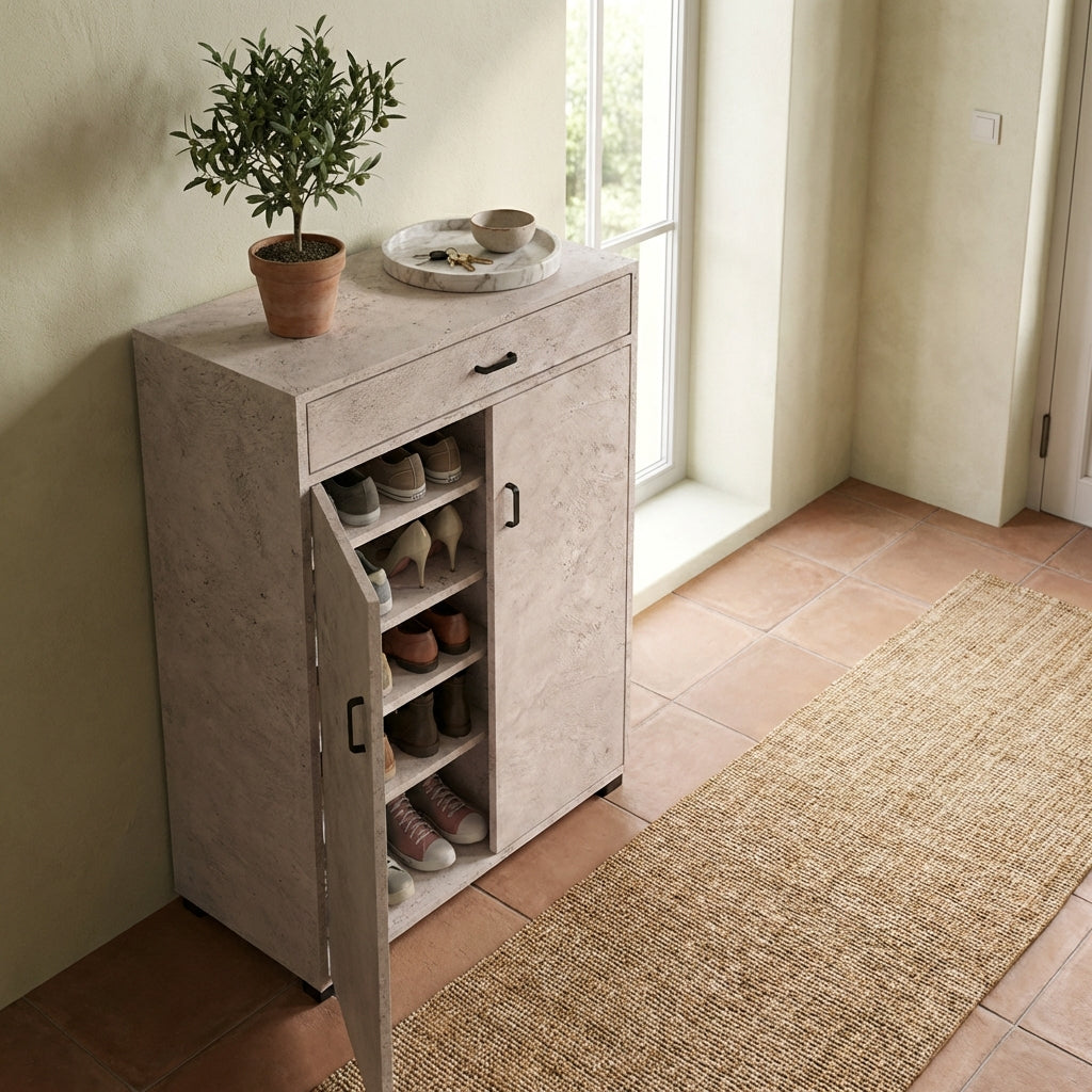 Scarpiera salvaspazio moderna 95 cm con cassetto e ante bianca cemento o rovere