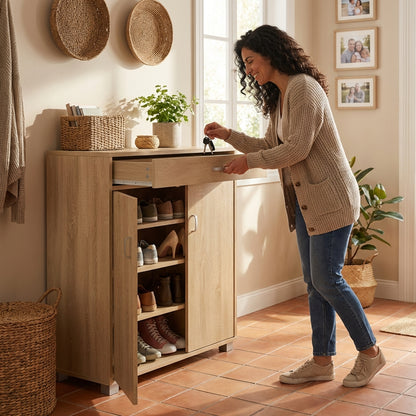 Scarpiera salvaspazio moderna 95 cm con cassetto e ante bianca cemento o rovere