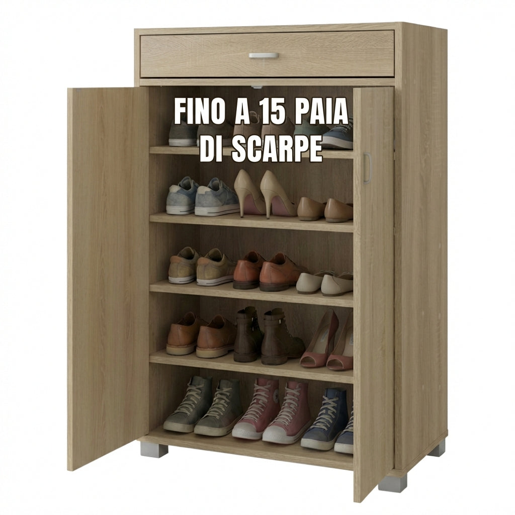 Scarpiera salvaspazio moderna 95 cm con cassetto e ante bianca cemento o rovere