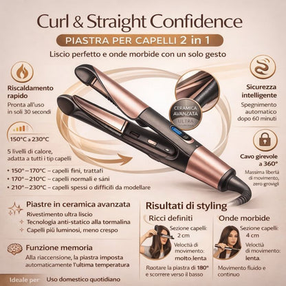 Piastra Capelli 2 in 1 Liscia e Arriccia con Temperatura Regolabile