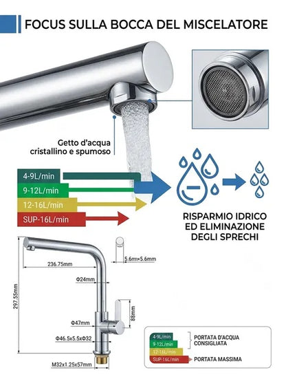 Miscelatore Cucina Inox Canna Alta Girevole 360°