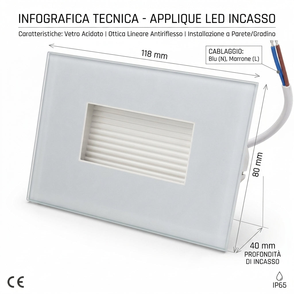 Dimensioni applique LED da incasso 118 x 80 x 40 mm