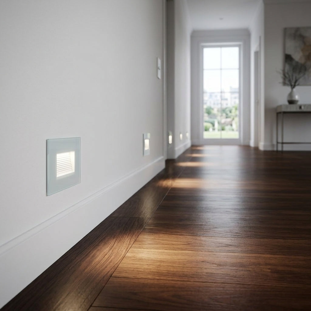 Applique LED segnapasso installata lungo un corridoio