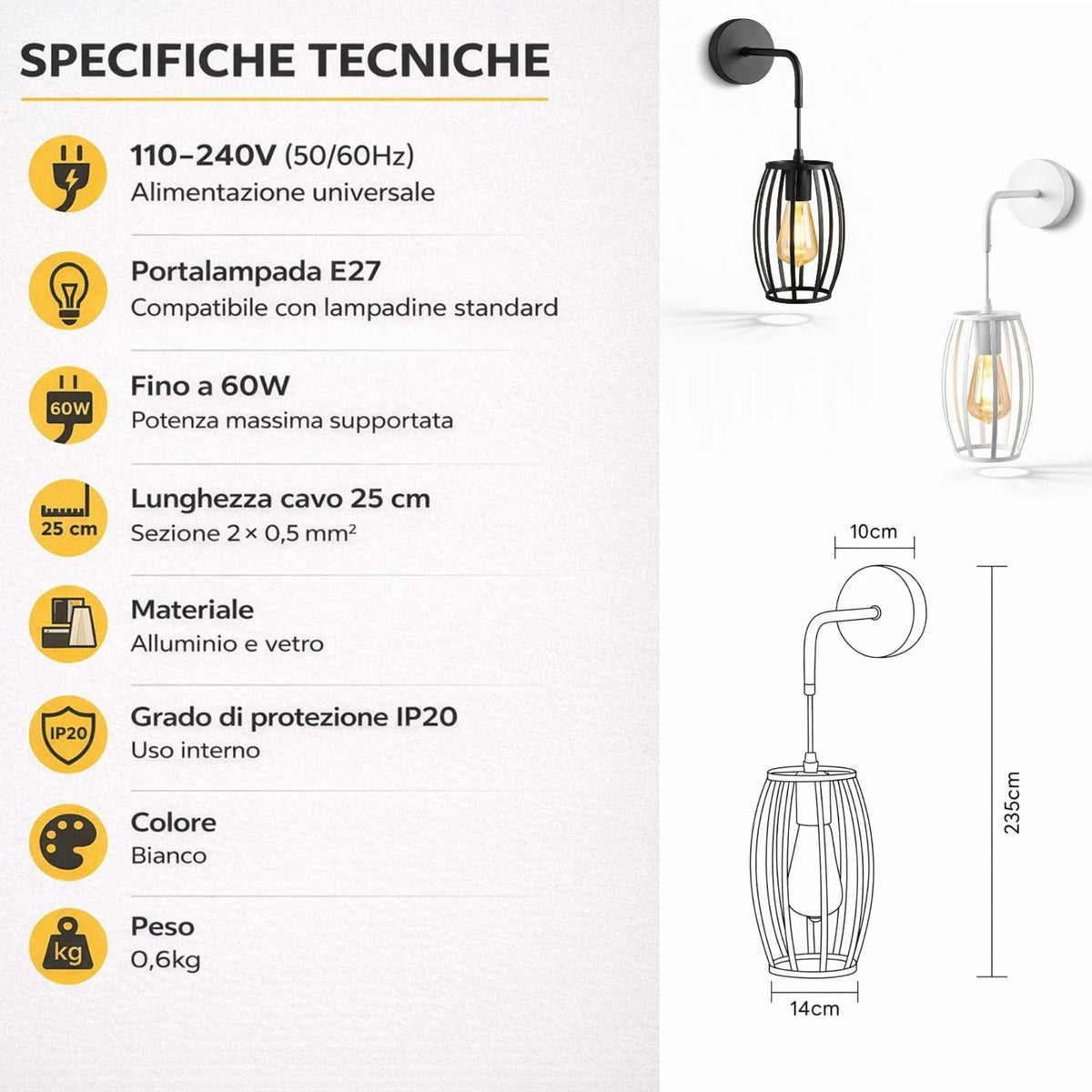 Applique da Parete E27 Industriale Interni Bianco o Nero