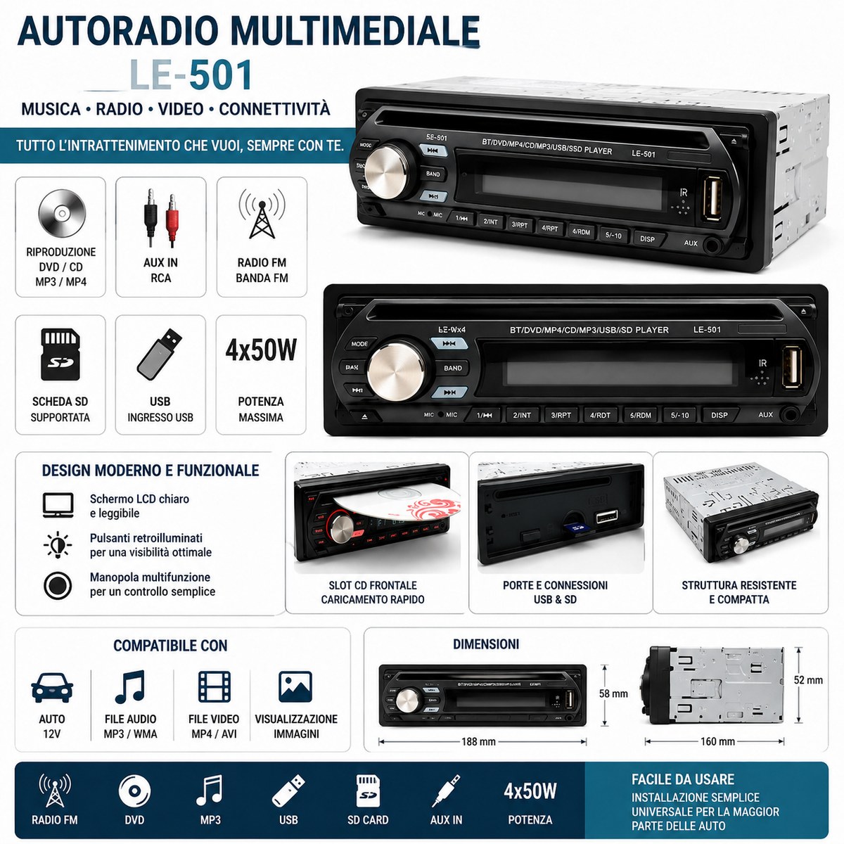 Infografica autoradio 1 DIN Bluetooth CD DVD USB SD AUX FM
