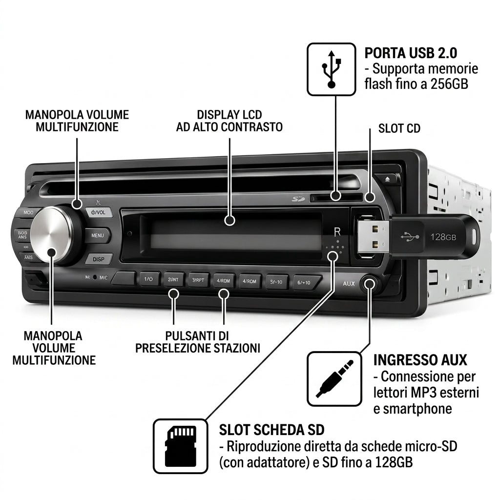 Autoradio 1 DIN con USB SD e ingresso AUX