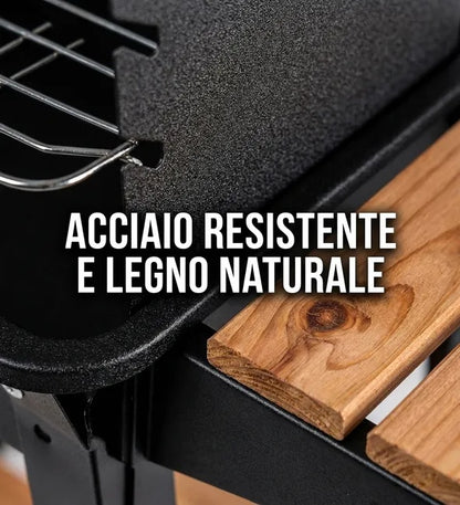 Barbecue Rettangolare con Mensola e Ruote da Esterno