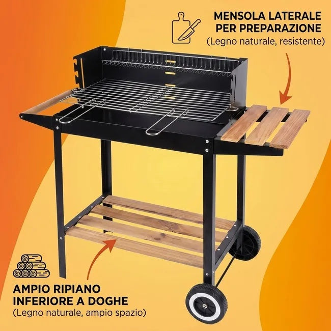 Barbecue Rettangolare con Mensola e Ruote da Esterno
