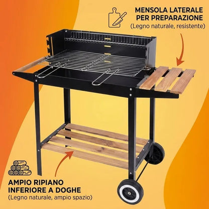 Barbecue Rettangolare con Mensola e Ruote da Esterno