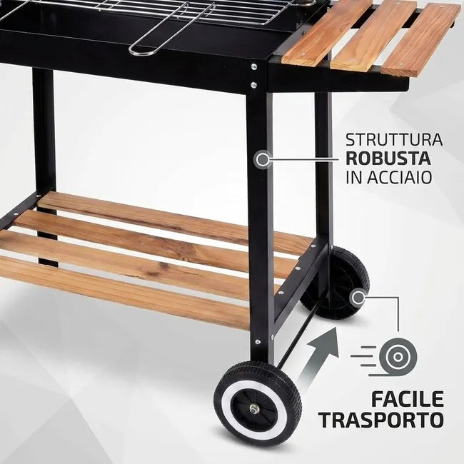Barbecue Rettangolare con Mensola e Ruote da Esterno