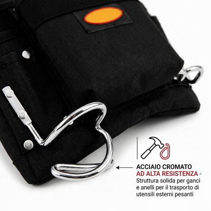 Dettaglio ganci laterali in acciaio cromato della borsa portautensili