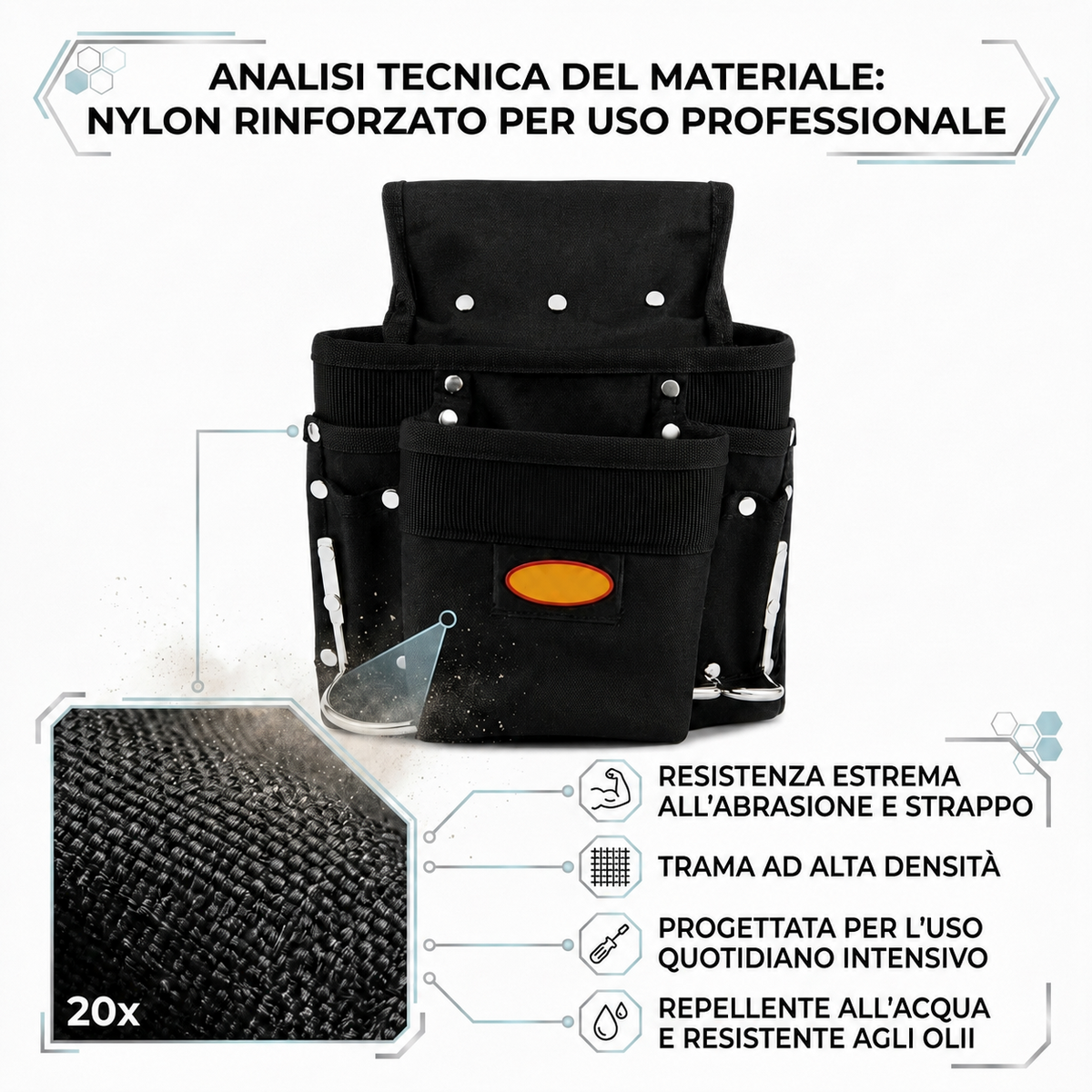Dettaglio nylon rinforzato della borsa portautensili