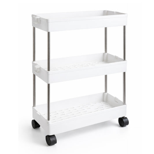 Carrello Porta Oggetti 3 Ripiani con Ruote per Bagno e Cucina, in Plastica