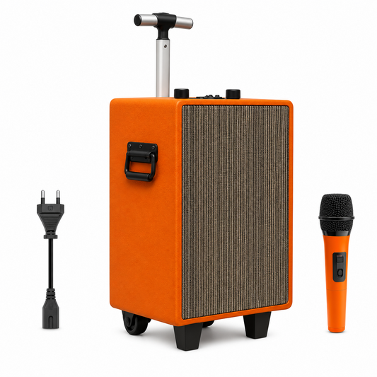Cassa amplificata portatile 180W arancione con trolley e microfono UHF