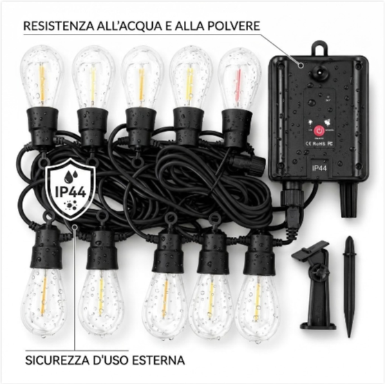 Catena luci solari IP44 resistente ad acqua e polvere per uso esterno