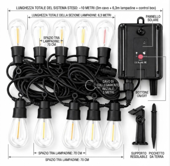 Misure catena luminosa solare 10 metri con distanza lampadine 70 cm