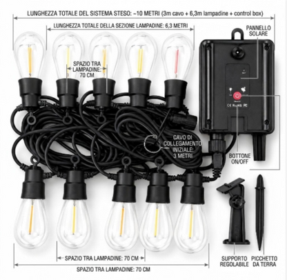 Misure catena luminosa solare 10 metri con distanza lampadine 70 cm