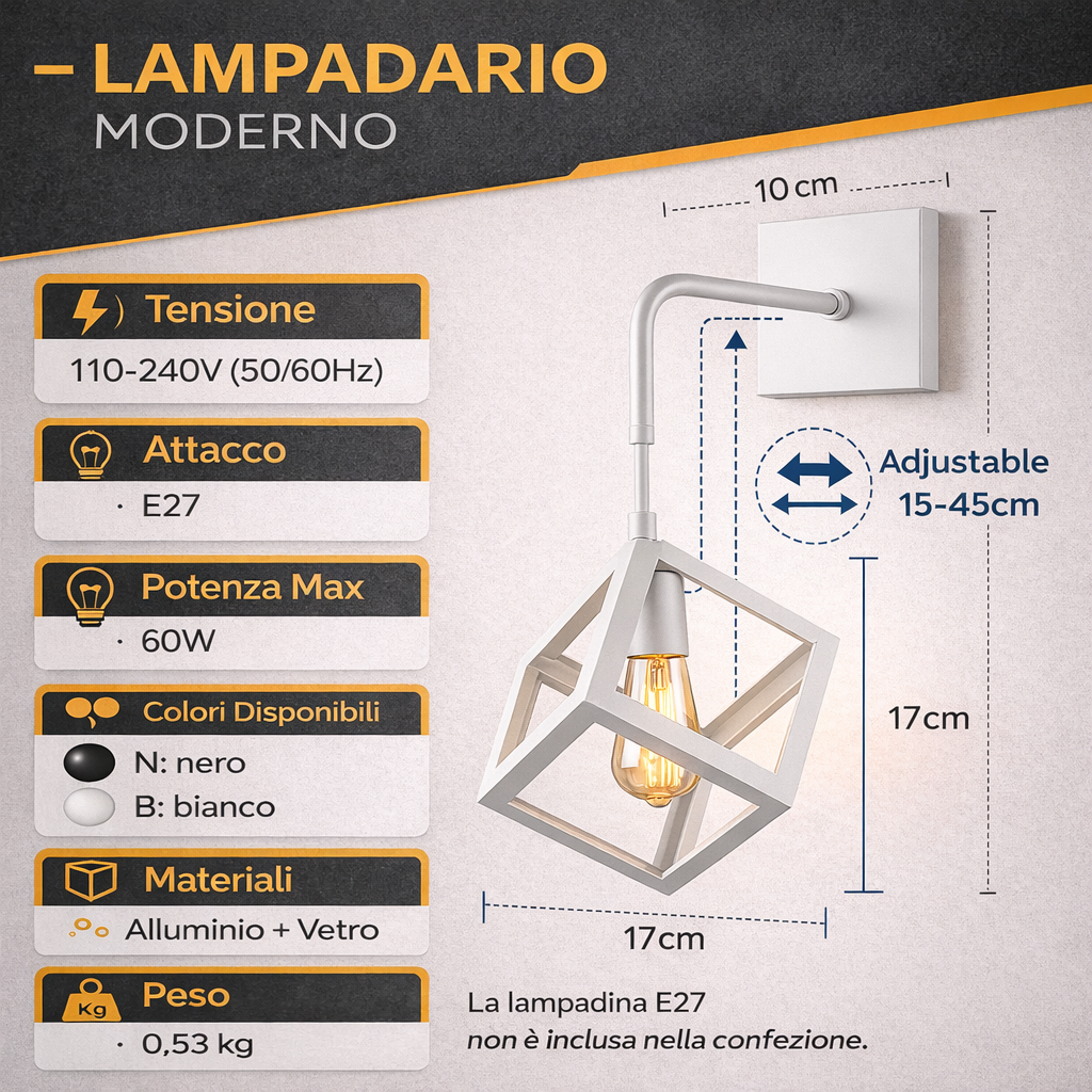 Applique da Parete Cubo E27 Moderna in Alluminio per Interni