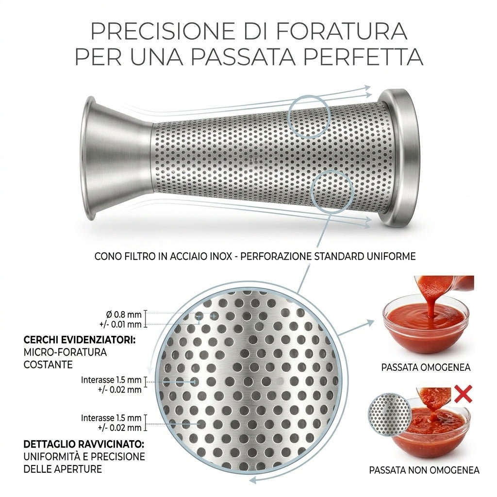 Dettaglio foratura standard del cono filtro N3 per passapomodoro