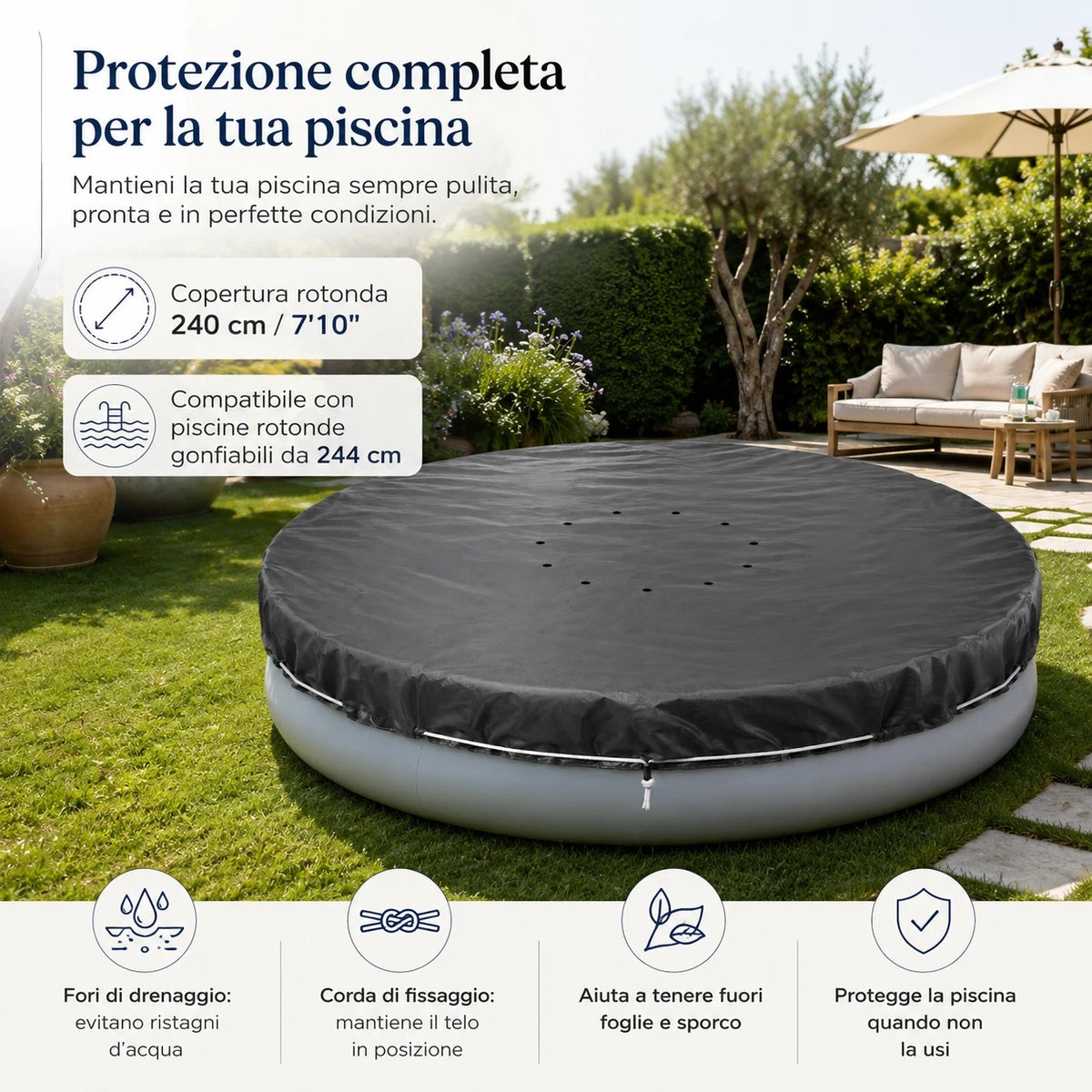 Copertura Rotonda per Piscina 240 cm con Fori Drenaggio