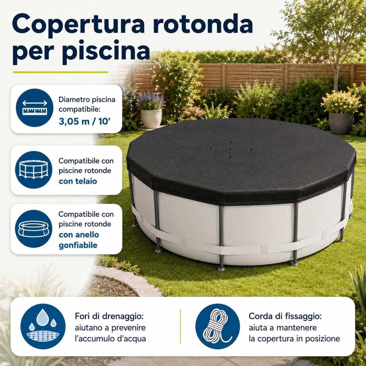 Copertura Piscina Rotonda 3,05 m con Corda e Fori Drenaggio