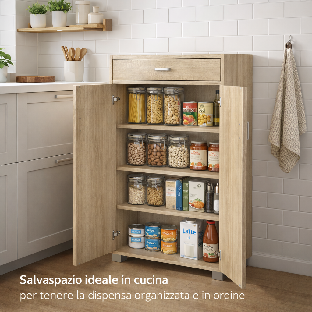 Dispensa Salvaspazio Slim in Legno con Cassetto 63x33x95 cm