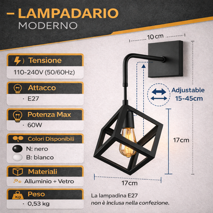 Applique da Parete Cubo E27 Moderna in Alluminio per Interni