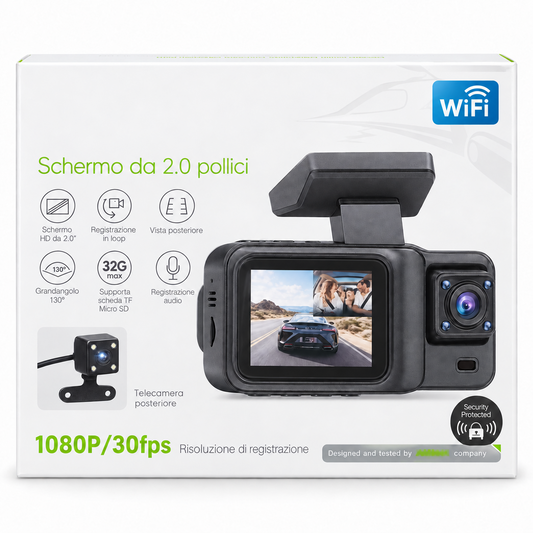 Dash cam WiFi auto 1080P con 3 telecamere e schermo 2 pollici