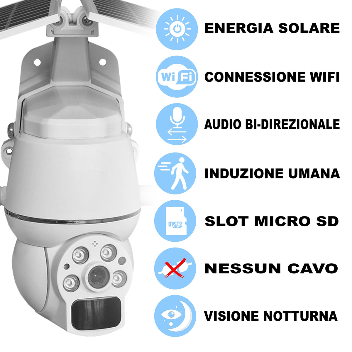 Telecamera Solare da Esterno 2K WiFi/4G, IP66, Visione Notturna