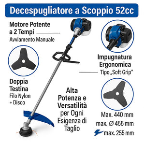 Decespugliatore a scoppio 52cc 2,2HP con disco e filo nylon