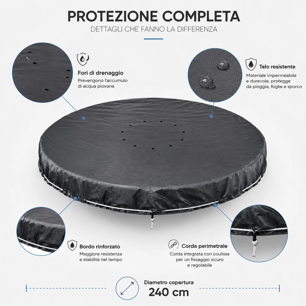 Copertura Rotonda per Piscina 240 cm con Fori Drenaggio