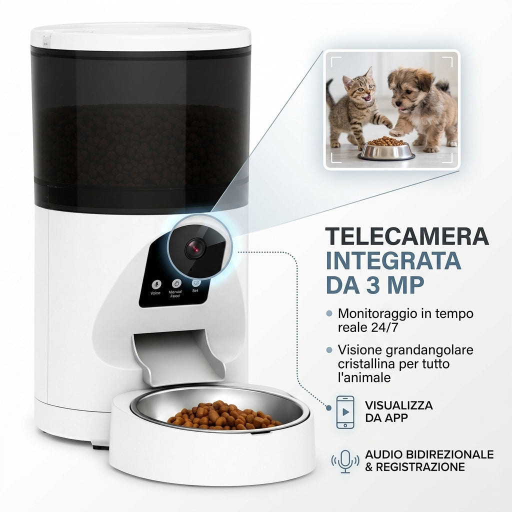 Distributore crocchette con telecamera integrata 3 MP e controllo da app