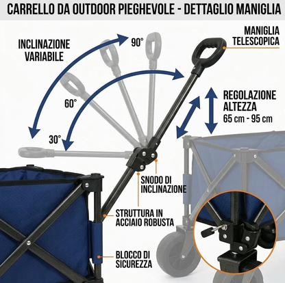 Carrello Outdoor Pieghevole Telescopico 80Kg con Ruote 360°