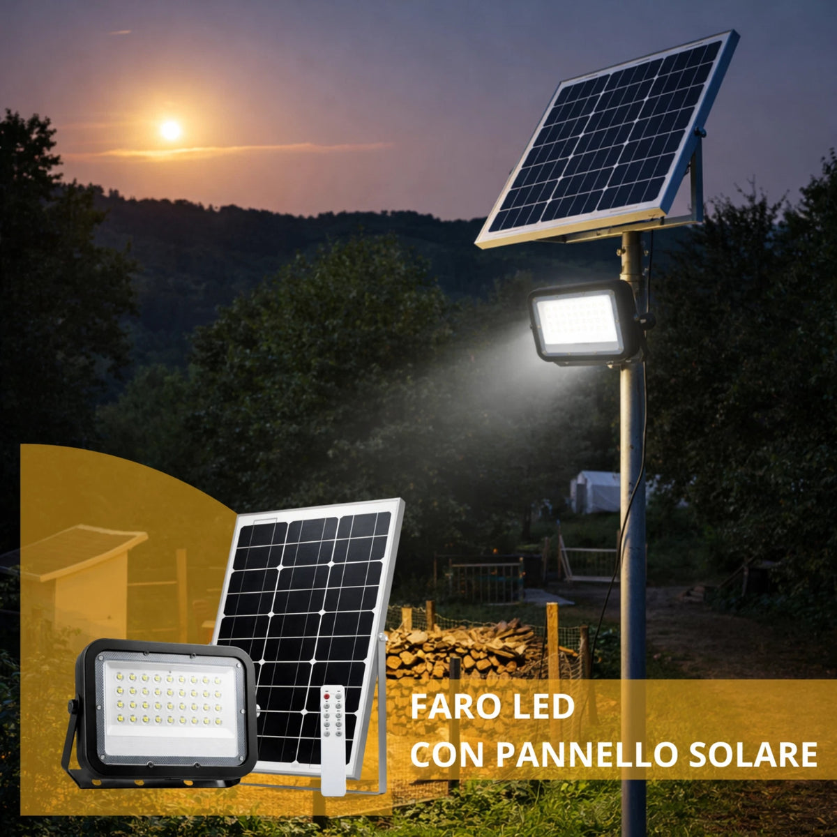 Faro LED Solare Esterno IP65 con Pannello 50W 200W 300W