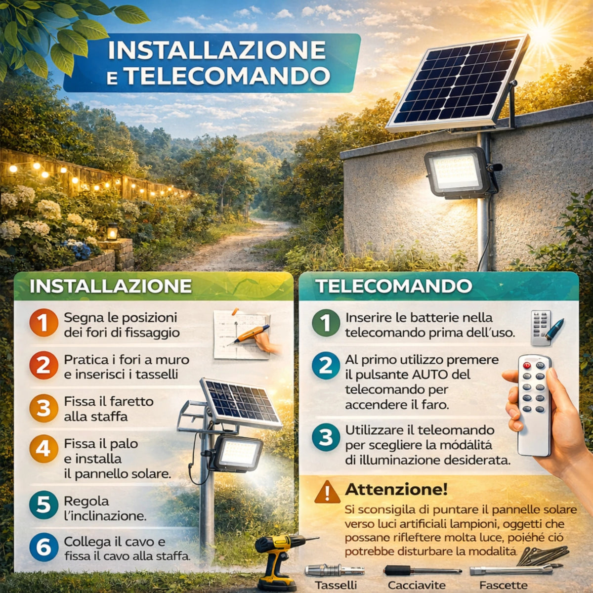 Faro LED Solare Esterno IP65 con Pannello 50W 200W 300W