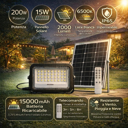 Faro LED Solare Esterno IP65 con Pannello 50W 200W 300W