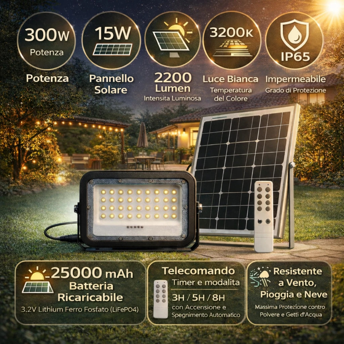 Faro LED Solare Esterno IP65 con Pannello 50W 200W 300W